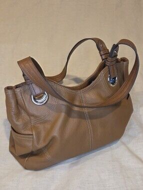 Tignanello Cognac Brown Pebbled Leather Shoulder Bag Cream Contrast Stitching